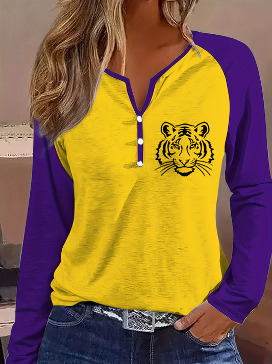 Tiger Print Color Block T-Shirt, Casual Long Sleeve Button Front T-Shirt, Women's Clothing