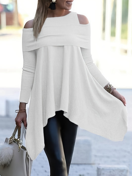 Cold Shoulder Asymmetrical Tunics, Casual Crew Neck Ruched Solid Tunics, Women's Clothing