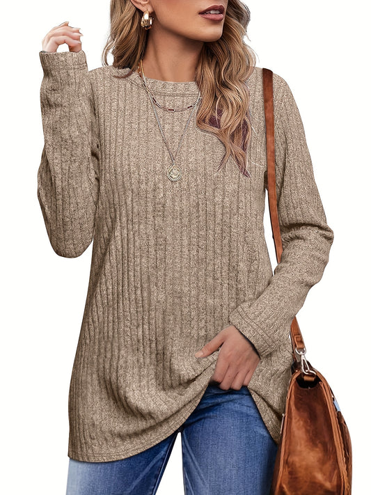 Ribbed Knit Crew Neck T-Shirt, Casual Long Sleeve T-Shirt For Spring & Fall, Women's Clothing